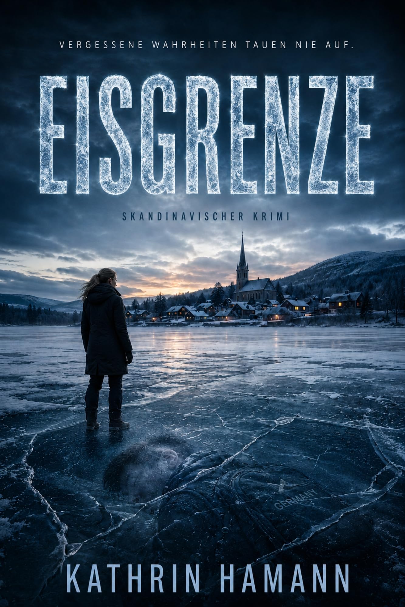 Buchcover „Eisgrenze“ von Kathrin Hamann: Eine Frau steht auf einem rissigen, zugefrorenen See vor einem verschneiten schwedischen Dorf.