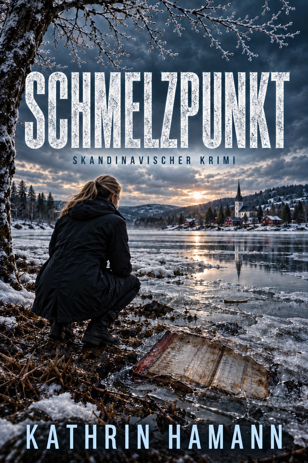 Buchcover „Schmelzpunkt“ von Kathrin Hamann: Eine Frau kniet am winterlichen Seeufer; vor ihr liegt ein Gegenstand im aufbrechenden Eis, dahinter ein verschneites Dorf.
