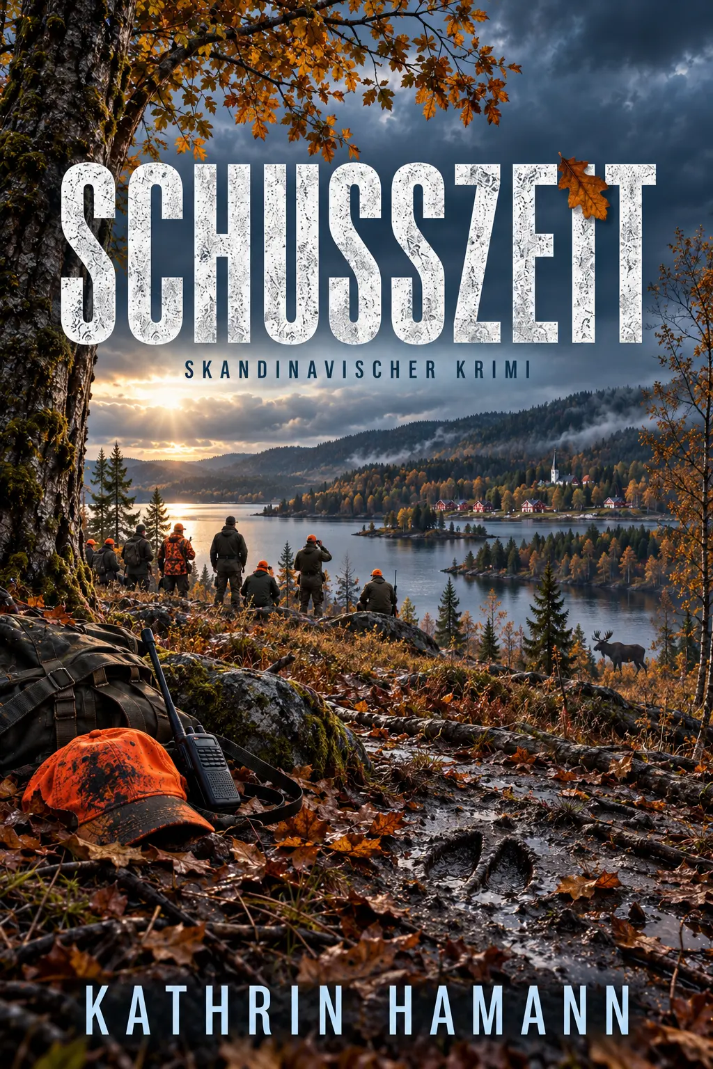 Buchcover „Schusszeit“ von Kathrin Hamann: Jäger blicken von einem herbstlichen Waldhang über einen schwedischen See; im Vordergrund liegen Jagdausrüstung und Geweih.