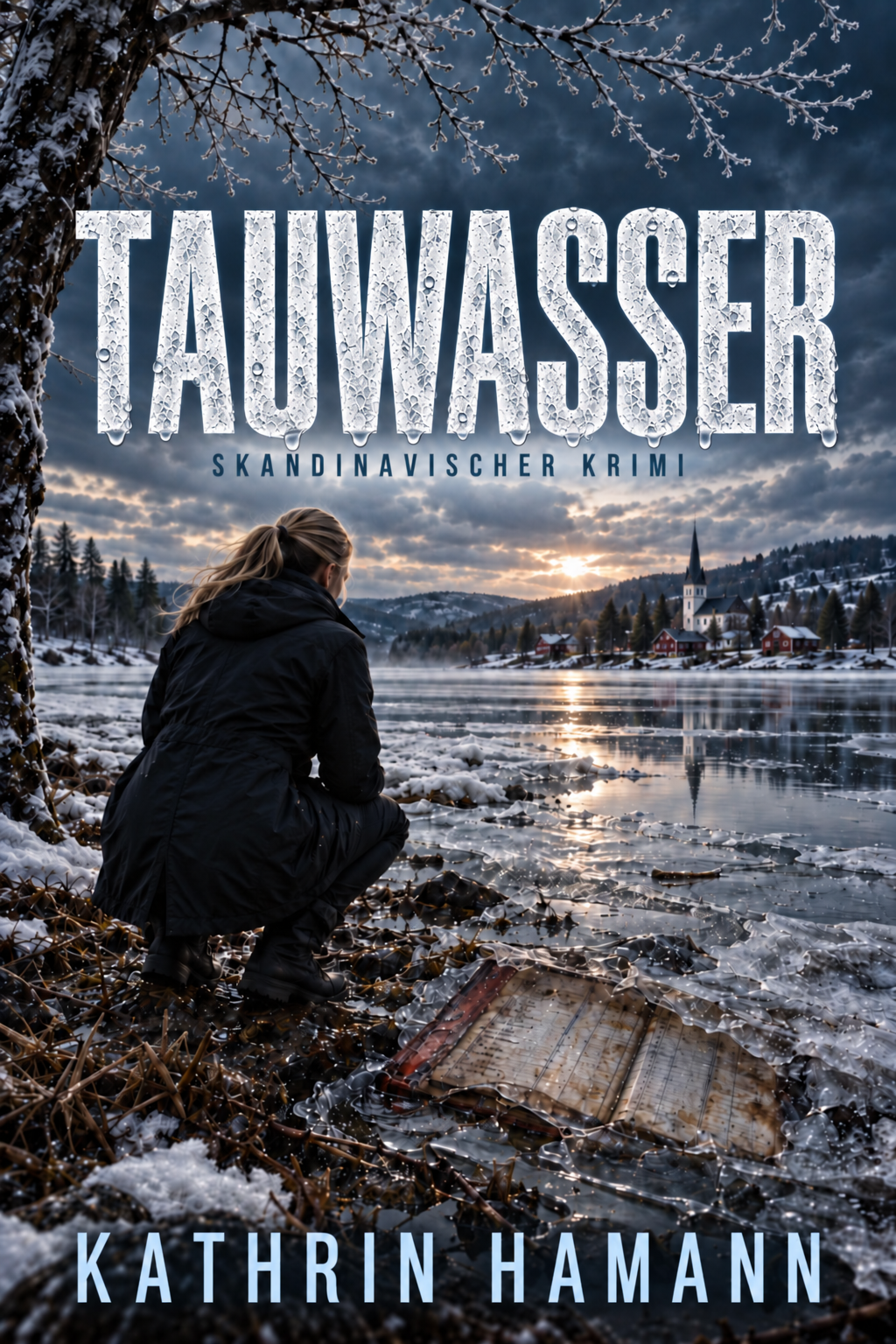 Buchcover „Tauwasser“ von Kathrin Hamann: Eine Frau kniet am winterlichen Seeufer; vor ihr liegt ein Gegenstand im aufbrechenden Eis, dahinter ein verschneites Dorf.