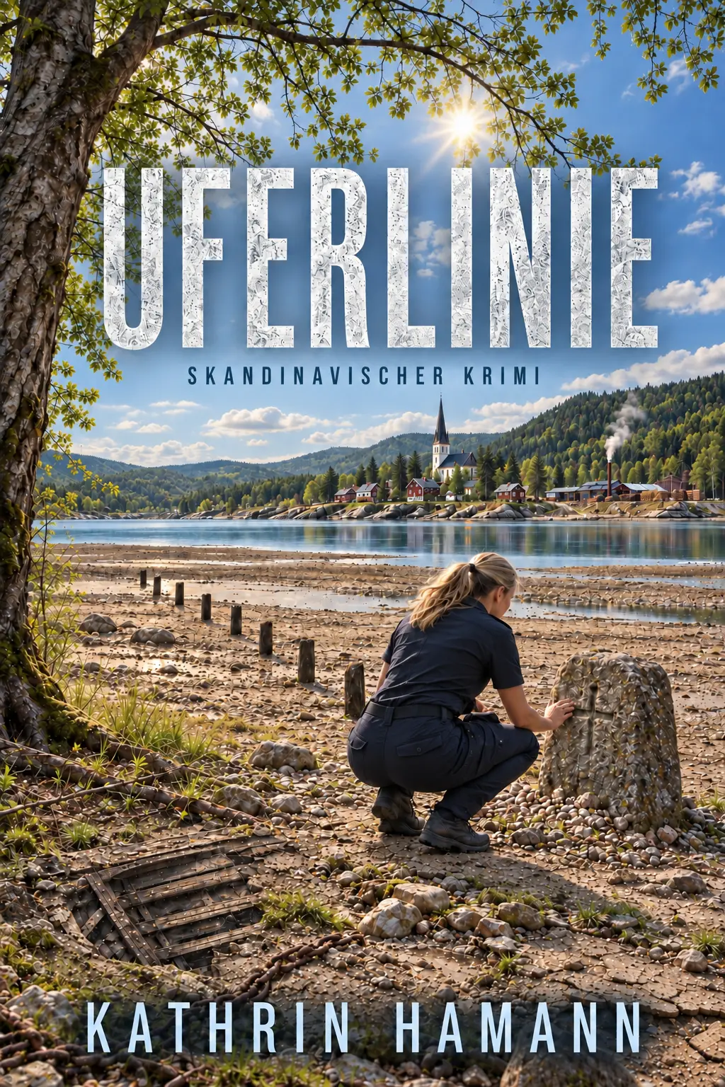 Buchcover „Uferlinie“ von Kathrin Hamann: Eine Frau untersucht einen Grenzstein am Ufer eines schwedischen Sees, gegenüber liegt ein Dorf mit Kirche.